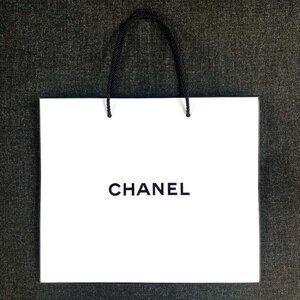CHANEL Classic Black + White Paper Shopping Bag w/ Ribbon Rope Handles